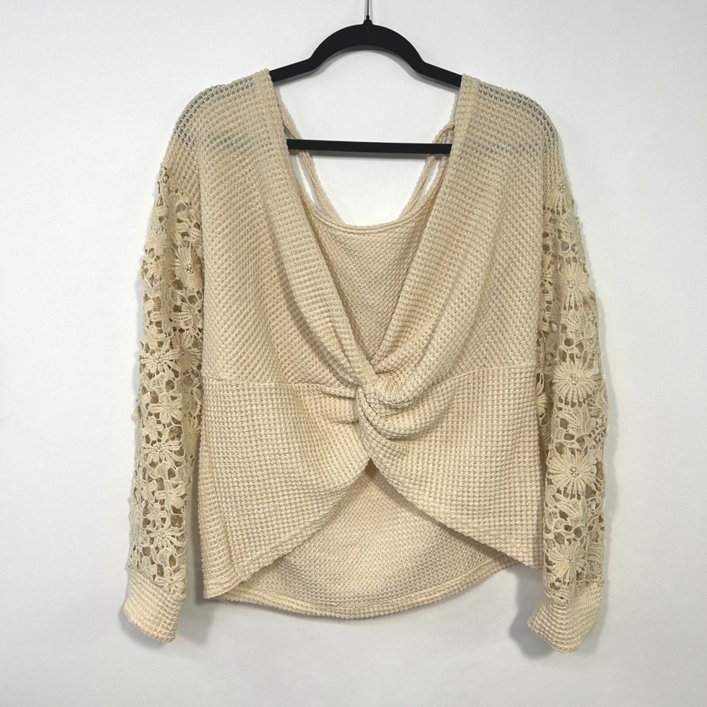 Waffle Knit Knot Front Sweater Romantic‎ XL Beige Lace Sleeve Boho Soft Indie
